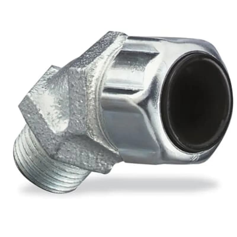ABB - Installation Products 4921 - Liquidtight Strain Relief Connector, 1/2 Inch, 45 Degree Bend, Cord Range 0.310 to 0.560 Inch, Throat Diameter 37/64 Inch, Malleable Iron Body, Steel Gland, Plastic Grip, Santropene Bushing