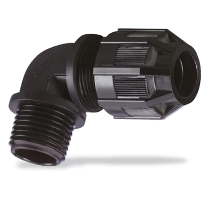ABB - Installation Products 4970NM - Liquidtight Strain Relief Connector, 90 Degree Bend, 3/4 Inch NPT Thread, Cable Range 0.125 Inch/3.2mm to 0.375 Inch/9.5mm, IP65 Rating, UV Resistant Polyamide 6.6 Body, Black