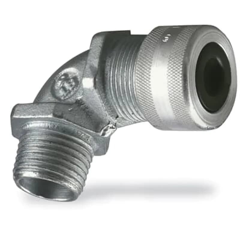 ABB - Installation Products 4971AL - Liquidtight Strain Relief Connector, 3/4 Inch, 90 Degree Bend, Cord Range 0.310 to 0.560 Inch, Throat Diameter 25/32 Inch, Aluminum Body, Glandnut, and Grip, Rubber Bushing