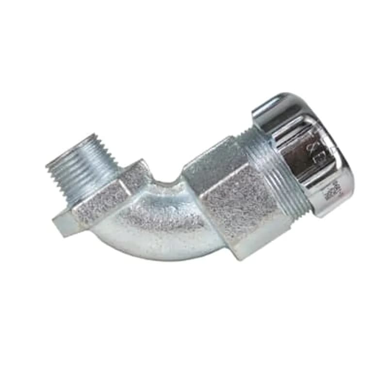 ABB - Installation Products 10605 - 90 degres watertight fitting made of malleable iron with a protective grounding sleeve for jacketed metal-clad cable. 3/4 inch hub thread size. Neoprene bushing 1.055-1.205 inches.