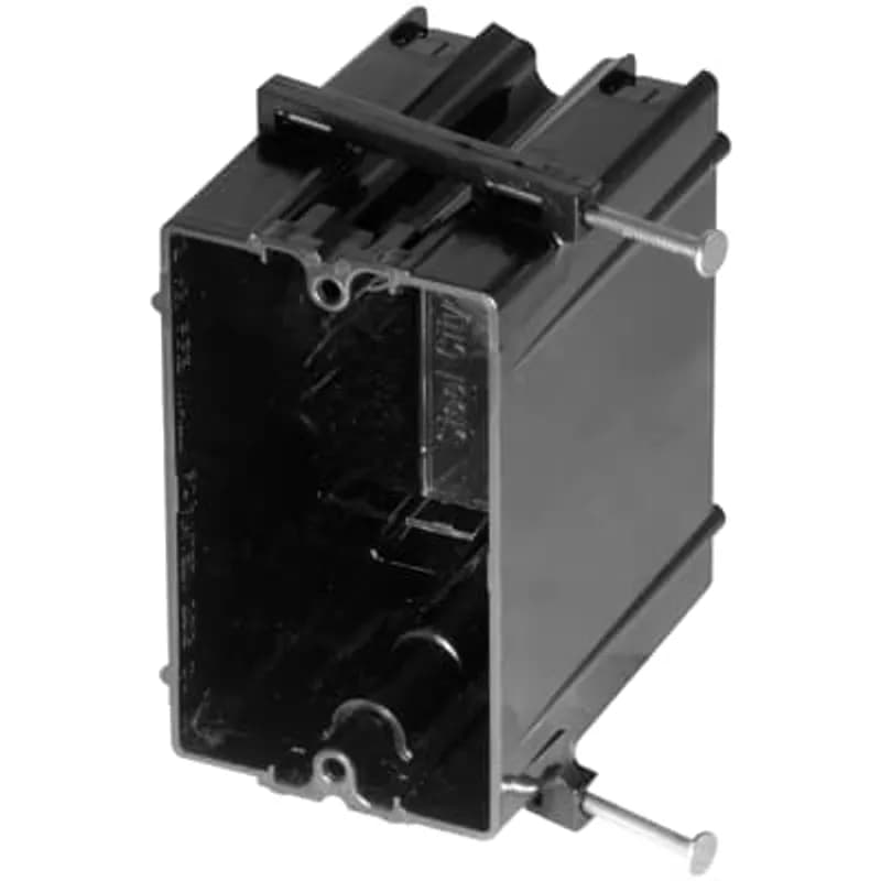 Single-Gang Nail-On Outlet Box, Volume 20.3 Cubic Inches, Length 3-3/4 Inches, Width 2-1/4 Inches, Depth 3-3/16 Inches, Color Black, Material Polycarbonate, Mounting Means Angled Side Nails
