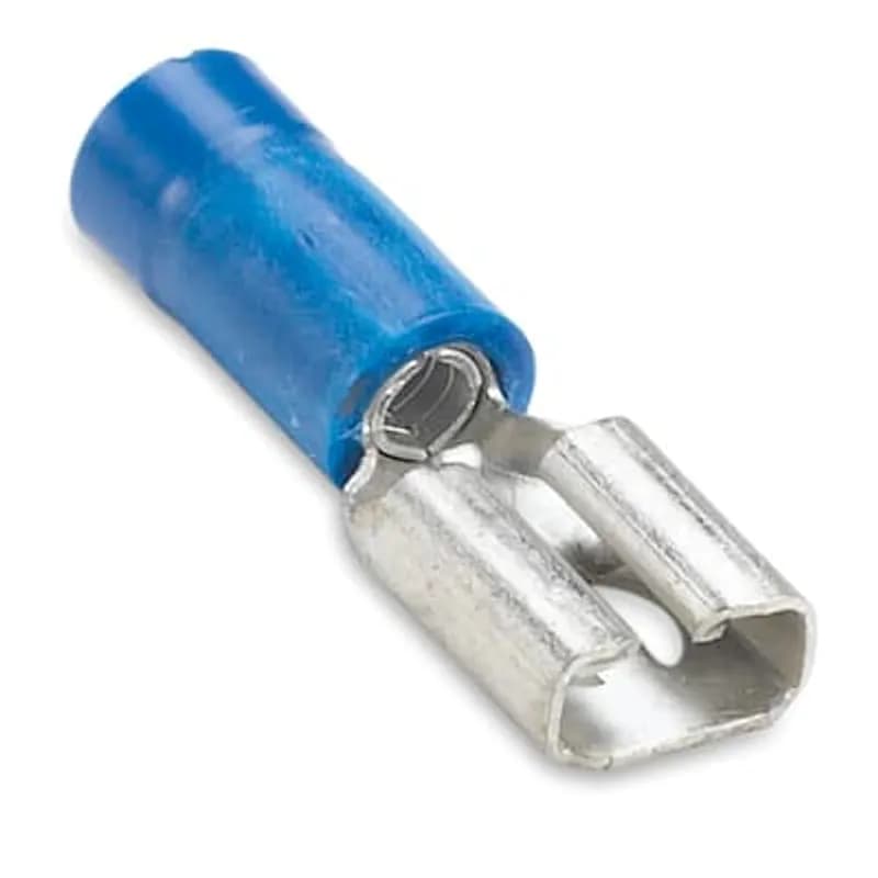 Vinyl-Insulated Female Disconnect, Length .96 Inch, Width .29 Inch, Max Insulation .17, Tab Size .25x.032, Wire Range #16-14 AWG, Color Blue, Copper, Tin Plated