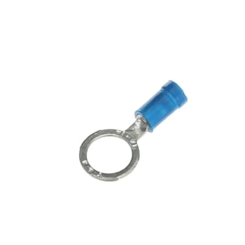 Vinyl-Insulated Ring Terminal, Length 1.16 Inches, Width .54 Inches, Maximum Insulation .170, Bolt Hole 3/8 Inch, Wire Range #18-#14 AWG, Color Blue, Copper, Tin Plated