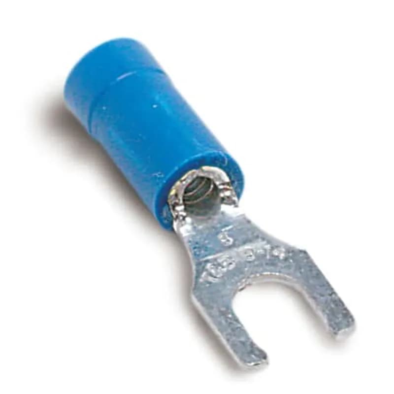 Vinyl-Insulated Locking Fork Terminal, Length .97 Inches, Width .25 Inches, Maximum Insulation .170, Bolt Hole #6, Wire Range #18-#14 AWG, Color Blue, Copper, Tin Plated