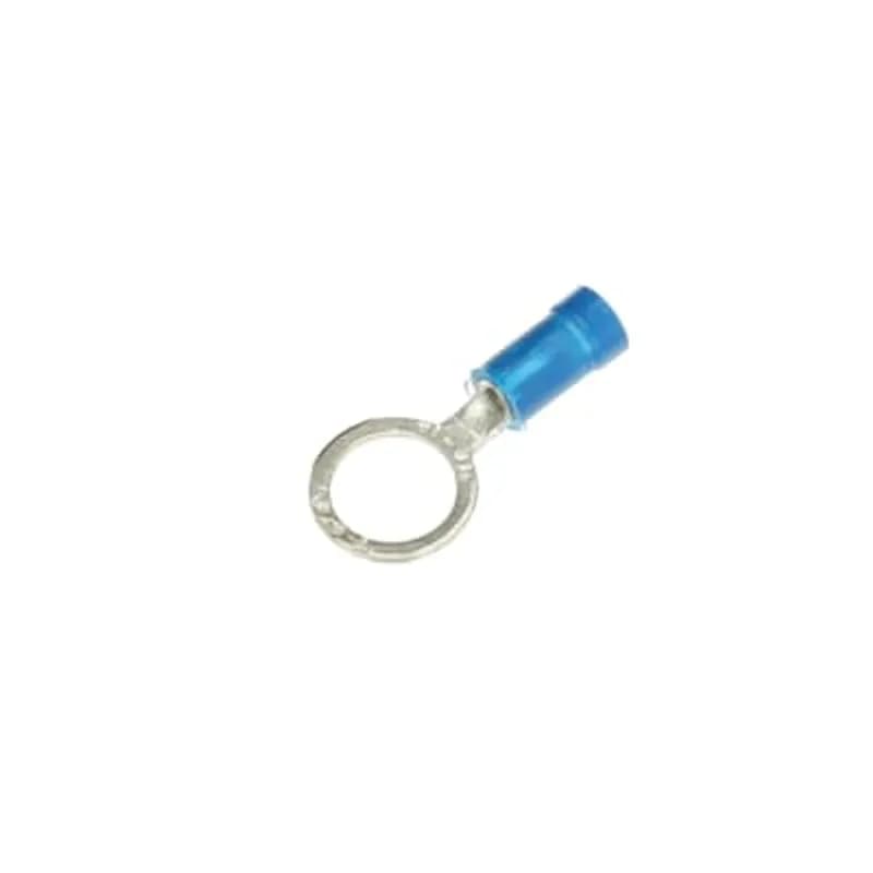 Expanded Vinyl-Insulated Ring Terminal, Length 1.16 Inches, Width .54 Inches, Maximum Insulation .200, Bolt Hole 3/8 Inch, Wire Range #18-#14 AWG, Color Blue, Copper, Tin Plated