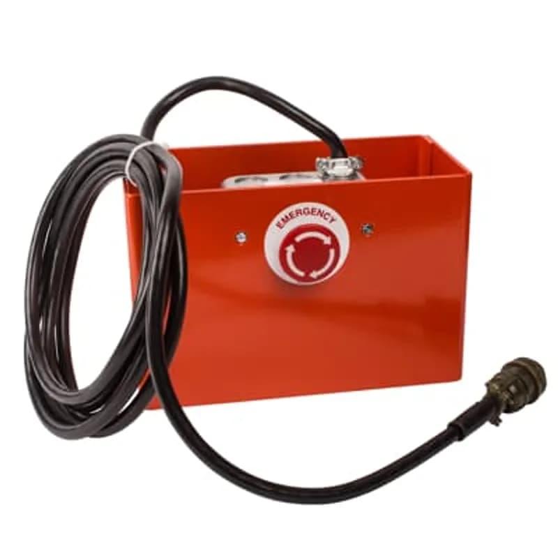 Remote Control Foot Switch for Catalog Numbers 13610A and 13810. Emergency Release Button. 10 Foot Long Cord with Amphenol Plug, Foot Guard 9 x 6 x 4-1/2 inch. Mechanical Interlock - Rocker Type Switch prevents both circuits from being operated at the same time.