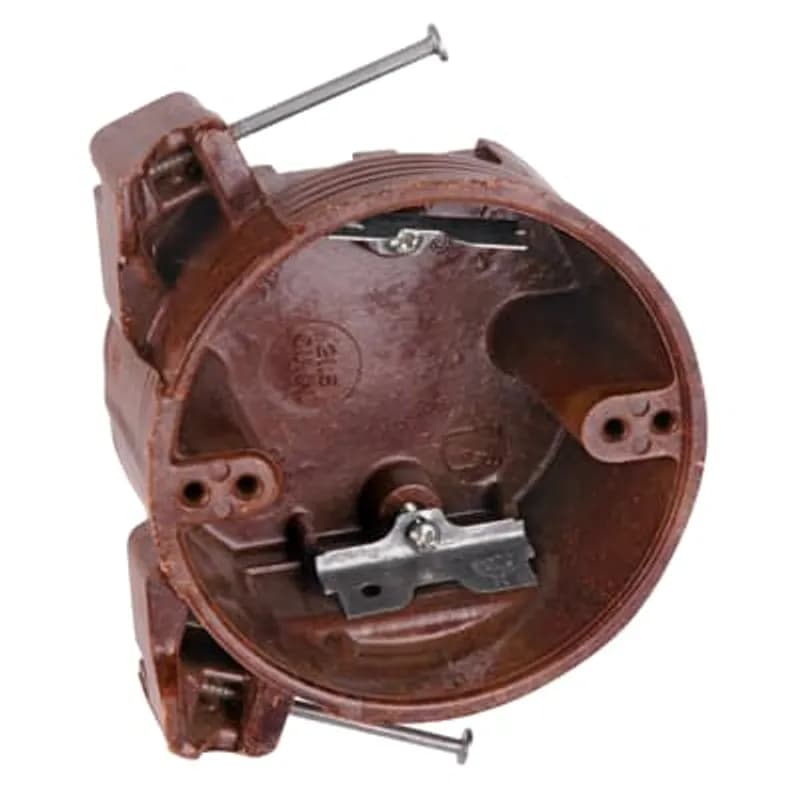 Round Ceiling/Fixture Nail-On Bracket Outlet Box, Volume 21.5 Inches, Diameter 4 Inches, Depth 2-7/16 Inches, Color Brown, Material Phenolic, Mounting Means Compound Angled Side Nails, with High Clamps