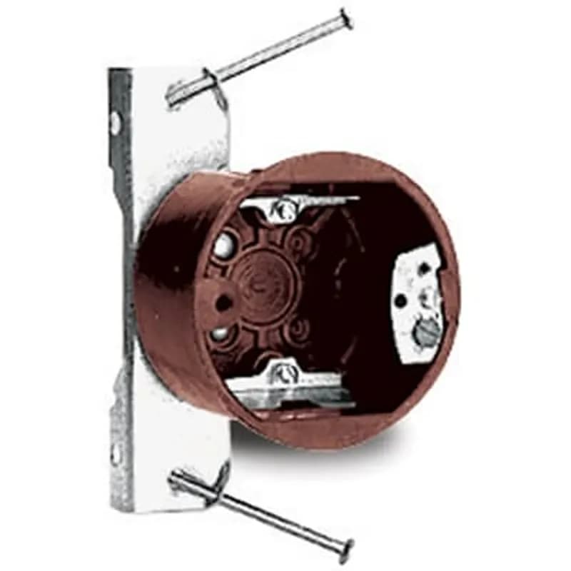 Round Ceiling/Fixture Nail-On Outlet Box, Volume 13.5 Inches, Diameter 3-1/2 Inches, Depth 2-1/8 Inches, Color Brown, Material Phenolic, Mounting Means N Bracket, with High Clamps and #40 Ground Strap