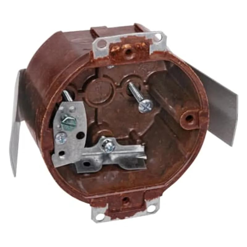 Round Ceiling/Fixture Outlet Box, Volume 14.0 Inches, Diameter 3-1/2 Inches, Depth 2-1/8 Inches, Color Brown, Material Phenolic, Mounting Means #9 Snap-In Bracket, with High Clamps and #40 Ground Strap