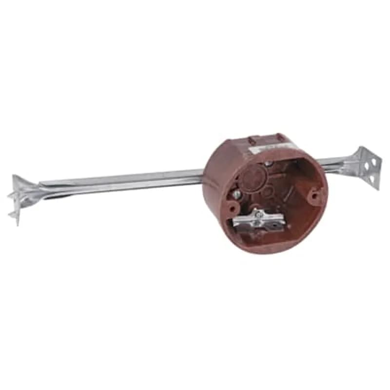 Round Ceiling/Fixture Outlet Box with Bar Hanger, Volume 13.5 Inches, Diameter 3-1/2 Inches, Depth 2-1/8 Inches, Color Brown, Material Phenolic, Mounting Means 16 Inch Bar Hanger, 12-1/4 Inch Minimum - 19 Inch Maximum with High Clamps