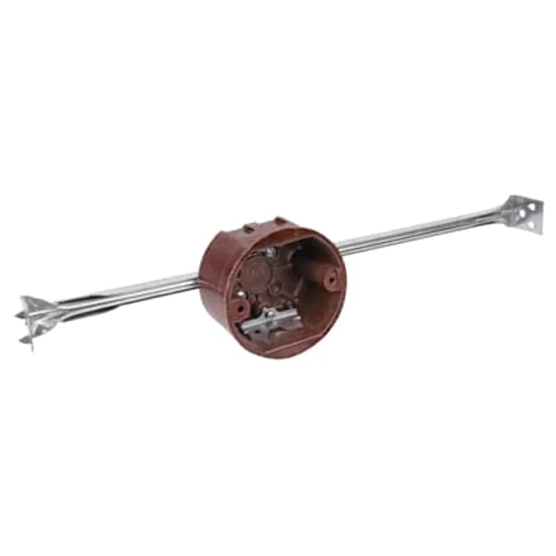 Round Ceiling/Fixture Outlet Box with Bar Hanger, Volume 13.5 Inches, Diameter 3-1/2 Inches, Depth 2-1/8 Inches, Color Brown, Material Phenolic, Mounting Means 24 Inch Bar Hanger, 16-1/1 Inch Minimum - 27 Inch Maximum with High Clamps