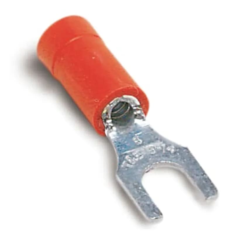 Vinyl-Insulated Fork Terminal, Length .97 Inches, Width .31 Inches, Maximum Insulation .150, Bolt Hole #8, Wire Range #22-#18 AWG, Color Red, Copper, Tin Plated