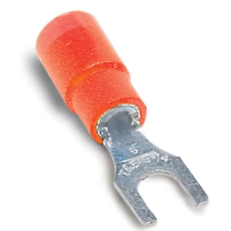 Expanded Vinyl-Insulated Fork Terminal, Length .97 Inches, Width .31 Inches, Maximum Insulation .170, Bolt Hole #8, Wire Range #22-#18 AWG, Color Red, Copper, Tin Plated