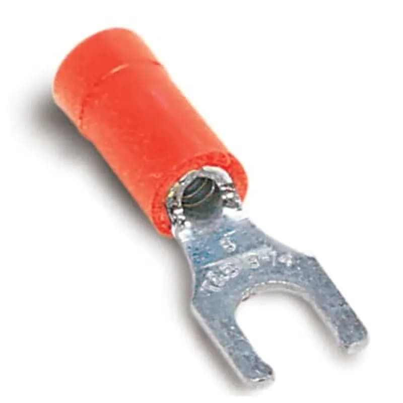 Vinyl-Insulated Locking Fork Terminal, Length .97 Inches, Width .29 Inches, Maximum Insulation .150, Bolt Hole #8, Wire Range #22-#18 AWG, Color Red, Copper, Tin Plated