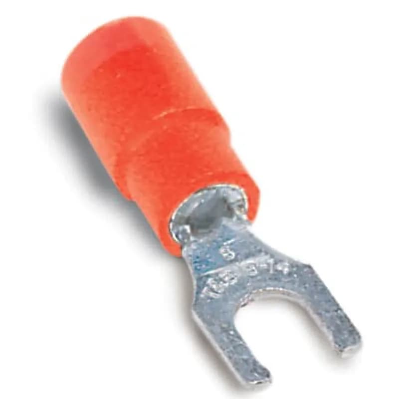 ABB - Installation Products TV18-6LFD-XV - Vinyl Insulated Locking Double Crimp Fork Terminal, Wire Range 22-16, Stud size #6, Red, Canister of 15 terminals