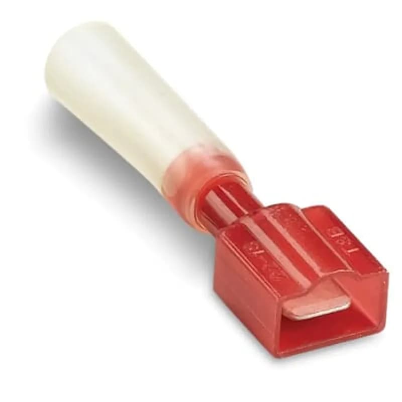 Heat-Shrinkable Fully Insulated Male Tab, Length 1.80 Inches, Maximum Insulated .170, Tab Size .250x.032, Wire Range #22-#18 AWG, Color Red, Copper, Tin Plated
