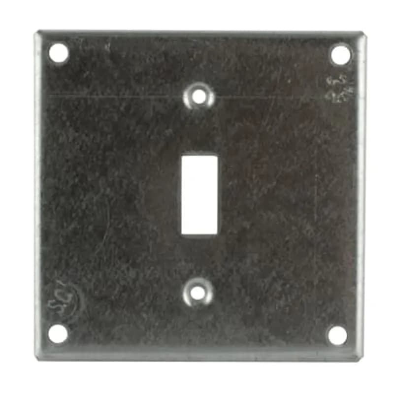 Square Box Surface Cover, 6.5 Cubic Inches, 4 Inch Square x 1-/2 Inch Raised, 1/4 Inch Diameter Hole Opening, Galvanized Steel, For use with One Toggle Switch in Center