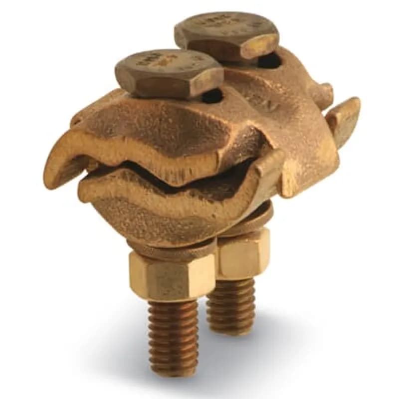 ABB - Installation Products PC250 - Copper Type PC - Two Bolt Parallel Grove Clamp for Wire Range Main: 4 Solid - 250 Stranded, Tap: 4 Solid - 250 Stranded. Hex-Head 3/8 inch Bolts. Overall Bolt Length 2-5/16 inches. Body 2 inches X 1-3/4 inches.