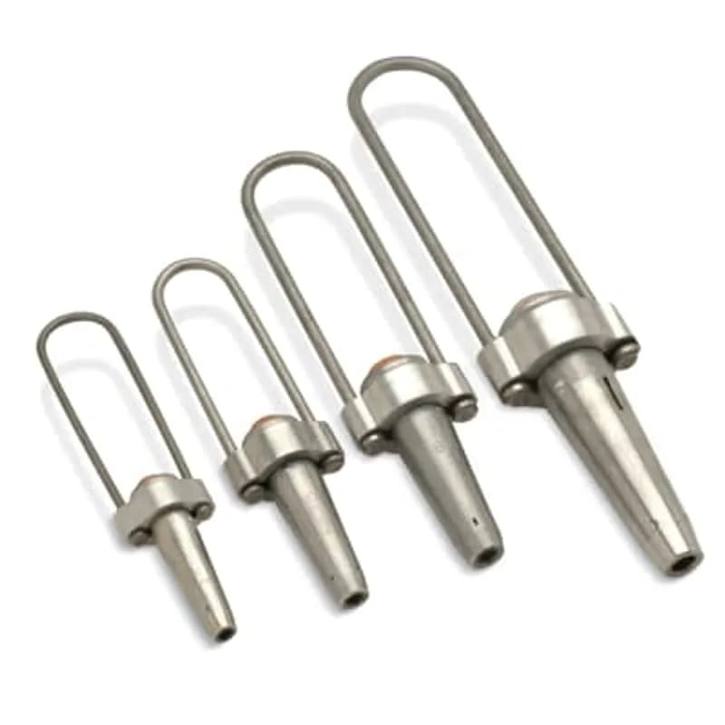 Automatic Tension Deadend Guystrand for Steel Strand Diameter 3/8 inch (9.52mm) for use on Utilities, Common Grade, Siemens-Martin, High-Strength Utility Grade, Strand Rating 3/8 (10M), Standard Bail, Overall Length 11.5 inch (292.1mm), width 2.3 inch 58.4mm. Body Length 5.0 inch 127mm.