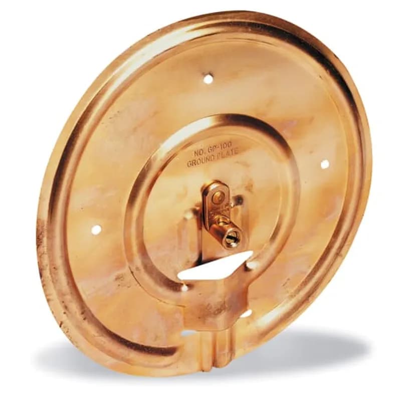 ABB - Installation Products GP100 - Ground Plate Type GP - Copper Pole Bottom Ground Plate, 7-1/2 inch Diameter Copper Plate. Pigtail Wire Range #4 Stranded AWG to #14 Solid AWG.