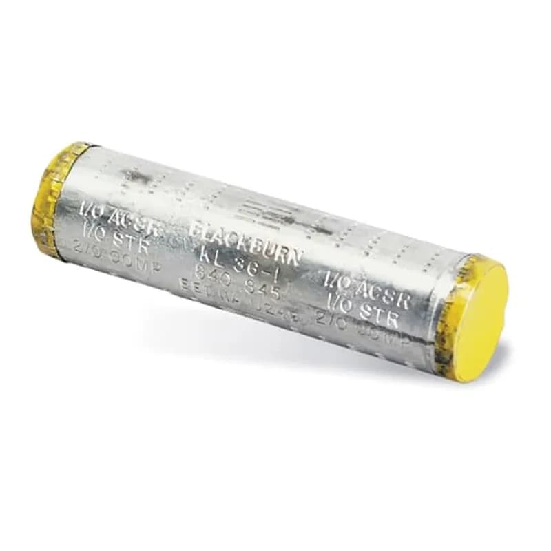 ABB - Installation Products KL47-1 - Aluminum 3-1/2 Inch Service Entrance Compression Splice for Wire Range - End A: 2/0 ASCR, 2/0 Str., 3/0 Str. Compact, Gray, End B: 1/0 ASCR, 2/0 Str., 3/0 Str. Compact, Gray, Die: 840. For AL to AL and AL to CU Conductors.