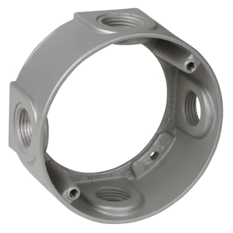 Round Extension Adapter, 18.3 Cubic Inches, 4-1/8 Inch Diameter, 1-5/8 Inch Deep, Hub Size 1/2 Inch, Silver, Aluminum, 4 Outlets