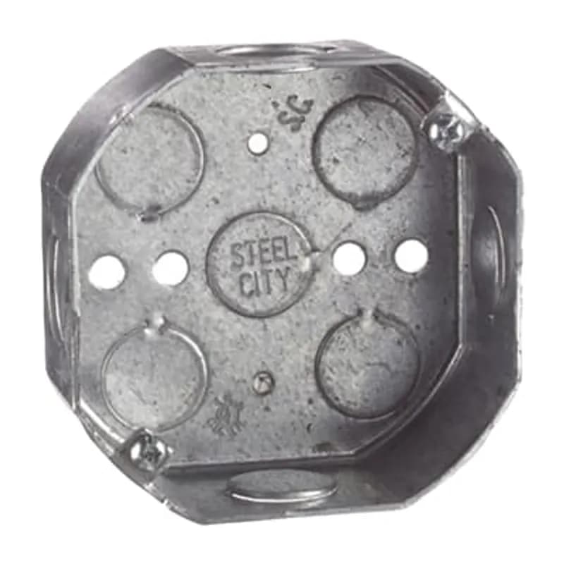 Octagon Box, 15.8 Cubic Inches, 4 Inch Diameter x 1-1/2 Inches Deep, 1/2 Inch Knockouts, Pre-Galvanized Steel, Drawn Construction, For use with Conduit, pack of 30, for Retail
