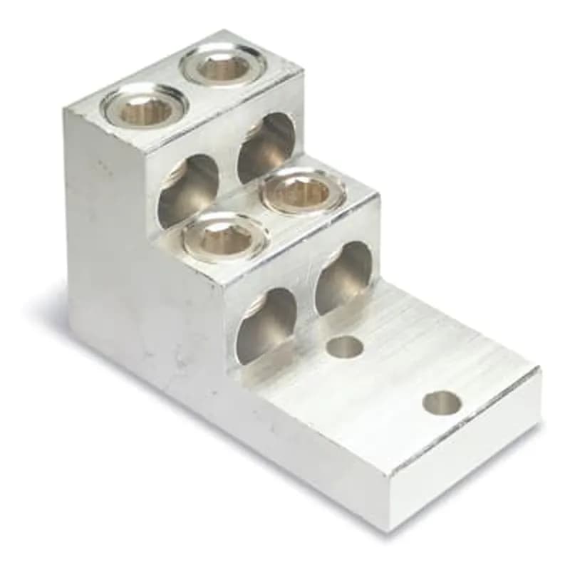 ABB - Installation Products AQ 4-600 - Aluminum PanelBoard Lug, Dual Rated Mechanical Lug, Dual Rated Connector Copper and Aluminum 90 Degree C, #2 - 600 kcmil, Bolt Hole 3/8 inch, Four Barrel. 3 inch X 2-1/2 inch X 4-15/16 inch.