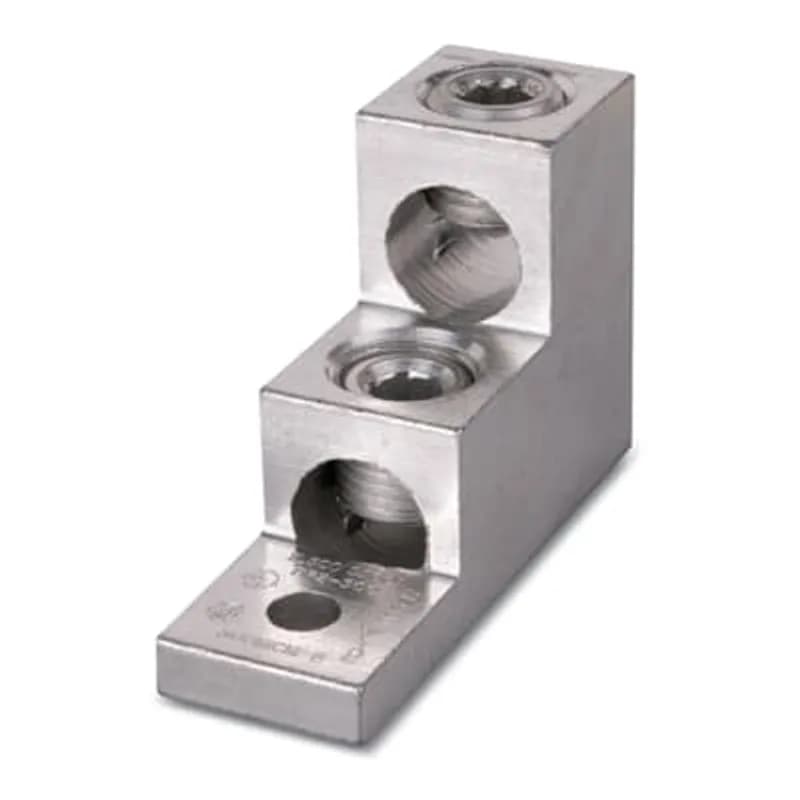 ABB - Installation Products AQ 4-750 - Aluminum PanelBoard Lug, Dual Rated Mechanical Lug, Dual Rated Connector Copper and Aluminum 90 Degree C, 1/0 - 750 kcmil, Bolt Hole 3/8 inch, Four Barrel. 3 inch X 2-5/8 inch X 4-15/16 inch.