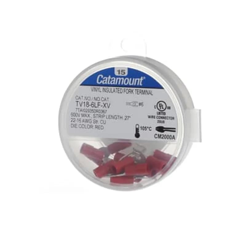 ABB - Installation Products TV18-6LF-XV - Vinyl Insulated Locking Fork Terminal, Wire Range 22-16, Stud size #6, Red, Canister of 15 terminals