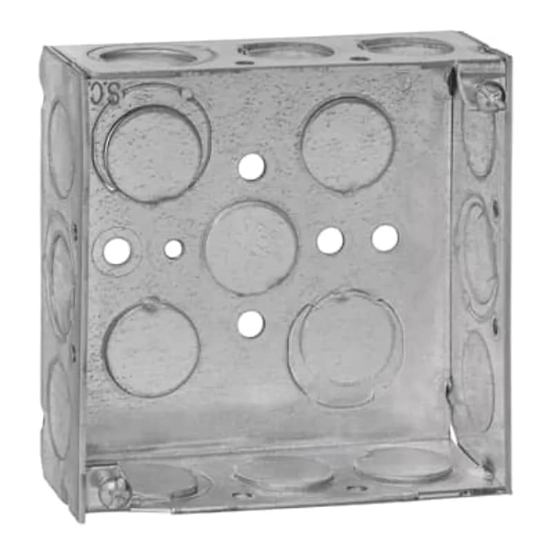Square Box, 21 Cubic Inches, 4 Inch Square x 1-1/2 Inch Deep, 1/2 Inch and 3/4 Inch Eccentric Knockouts, Galvanized Steel, Welded Construction, For use with Conduit, pack of 30, custom package