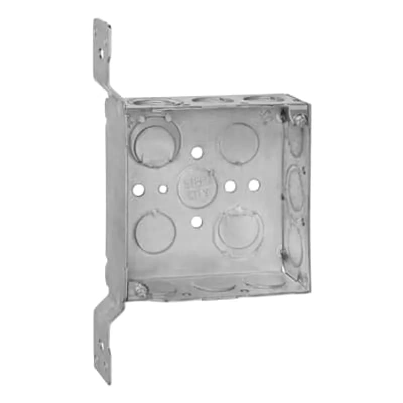 Square Box, 21 Cubic Inches, 4 Inch Square x 1-1/2 Inch Deep, 1/2 Inch and 3/4 Inch Eccentric Knockouts, Pre-Galvanized Steel, with CV Bracket, For use with Conduit, pack of 25, for Retail
