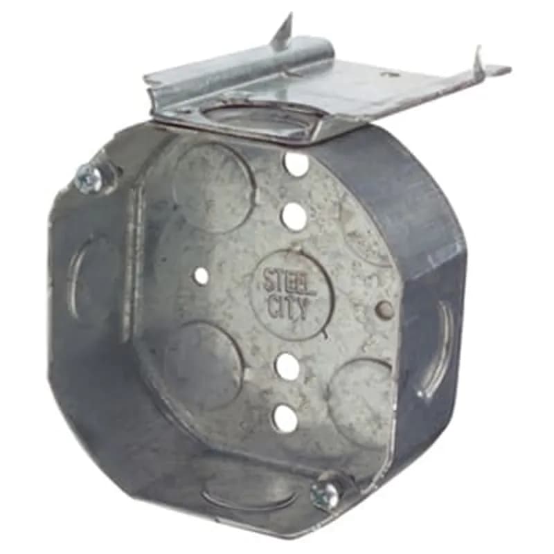Octagon Box, 15.8 Cubic Inches, 4 Inch Diameter x 1-1/2 Inches Deep, 1/2 Inch Knockouts, Pre-Galvanized Steel, Drawn Construction, L Bracket, For use with Conduit, pack of 25, for Retail
