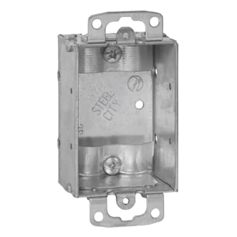 Non-Gangable Switch Box, 7.5 Cubic Inches, 3 Inches Long x 2 Inches Wide x 1-1/2 Inches Deep, 1/2 Inch Knockouts, Pre-Galvanized Steel, Beveled Corners, Non-Metallic Cable Clamps (C-5) and Ears Flush for Old Work, For Non-Metallic Sheathed Cable, pack of 25, for Retail