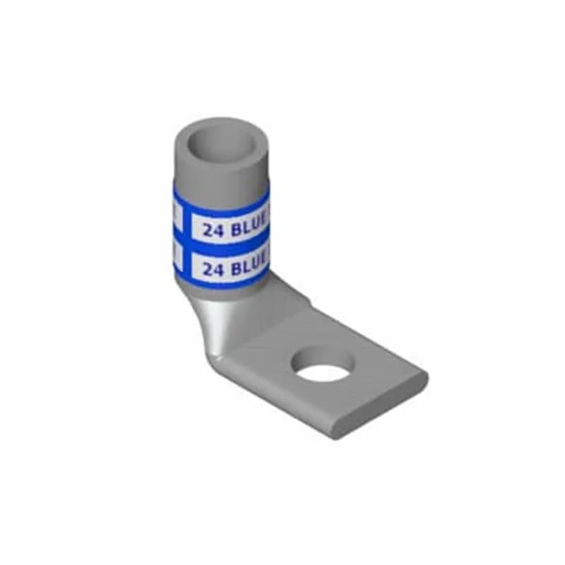 Copper One-Hole Lug, 90 Degree Bend Standard Barrel, Peep Hole, Max 35kV, Wire Size #2 AWG, 1/4 Inch Bolt Size, Tin Plated, 0.65 Inch Wrench Clearance, Die Code 33, Die Color Code Brown