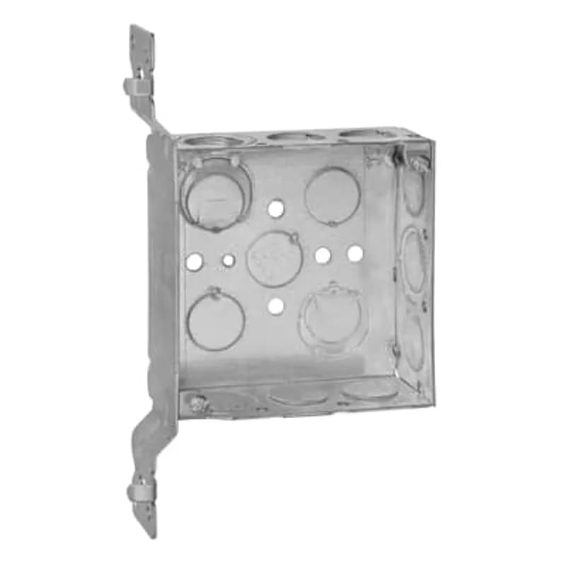 Square Box, 21 Cubic Inches, 4 Inch Square x 1-1/2 Inch Deep, 1/2 Inch and 3/4 Inch Eccentric Knockouts, Pre-Galvanized Steel, SV Bracket Mounted Flush, For use with Conduit, pack of 25, for Retail