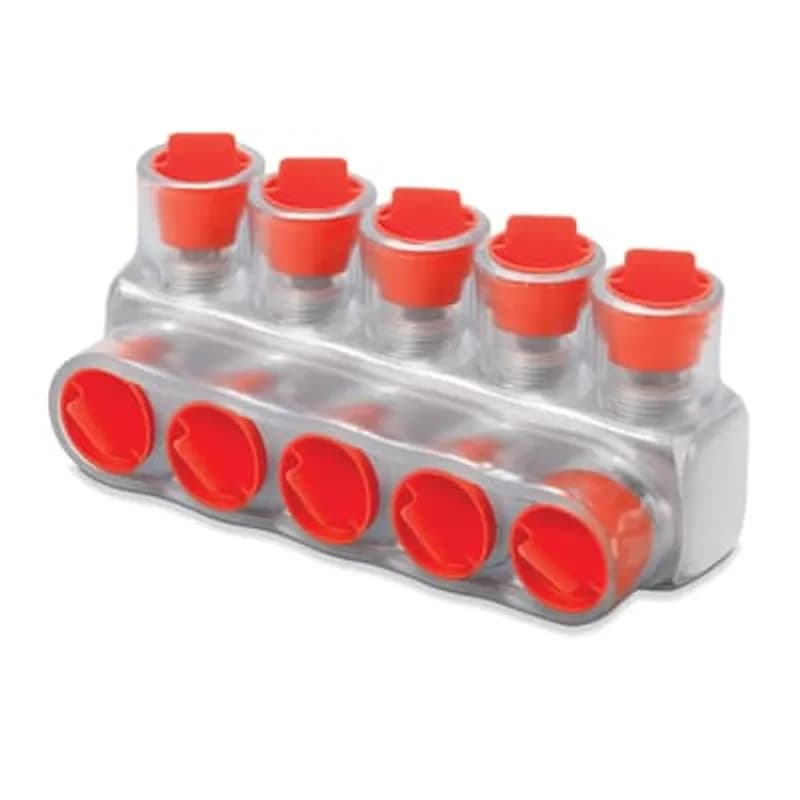 ABB - Installation Products CSB 4-5 S - Aluminum Multi-Tap Encapsulated Cable Blocks, One-Way Configuration, Wire Range 4-14 Str, Slotted Screw, Length 2.61 Inches, Width 1.25 Inches, Height 1.25 Inches, Outlets 5, Clear Insulation