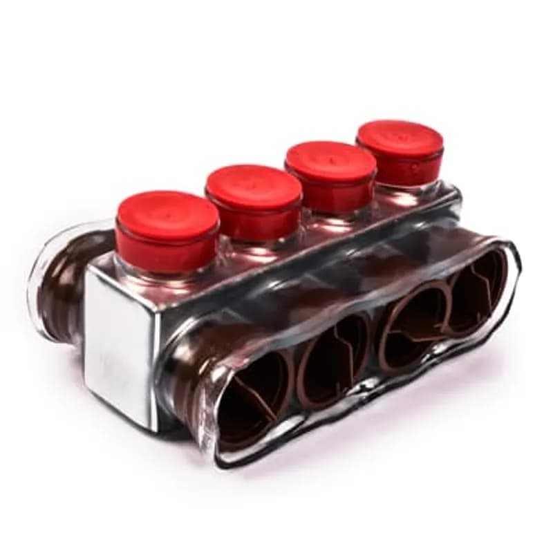 ABB - Installation Products CSB 750-4 - Aluminum Multi-Tap Encapsulated Cable Blocks, Two-Way Configuration, Wire Range 750-1/0, Hex Size 3/8 Inch, Length 5.81 Inches, Width 3.13 Inches, Height 2.38 Inches, Outlets 4, Clear Insulation