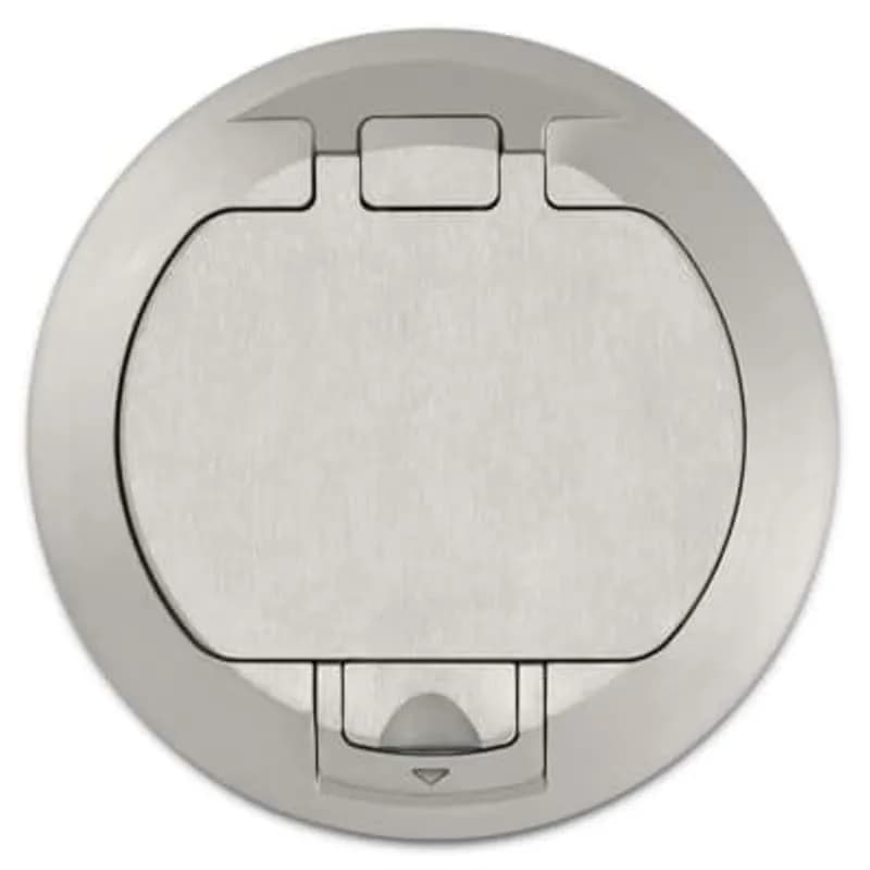 Flush Cover, Solid Aluminum with Brushed Finish, 1000 Pound Load Limit, For Flush Service Round Floor Box, 140 Cubic Inches, Opening Diameter 5-31/32 Inches, Base Diameter 8-1/8 Inches, Depth 6 Inches, 1 Inch and 1-1/2 Inch Conduit Hubs, Non-Metallic, Minimum Concrete Depth Flush 4 Inches Furniture Feed 3-1/2 Inches