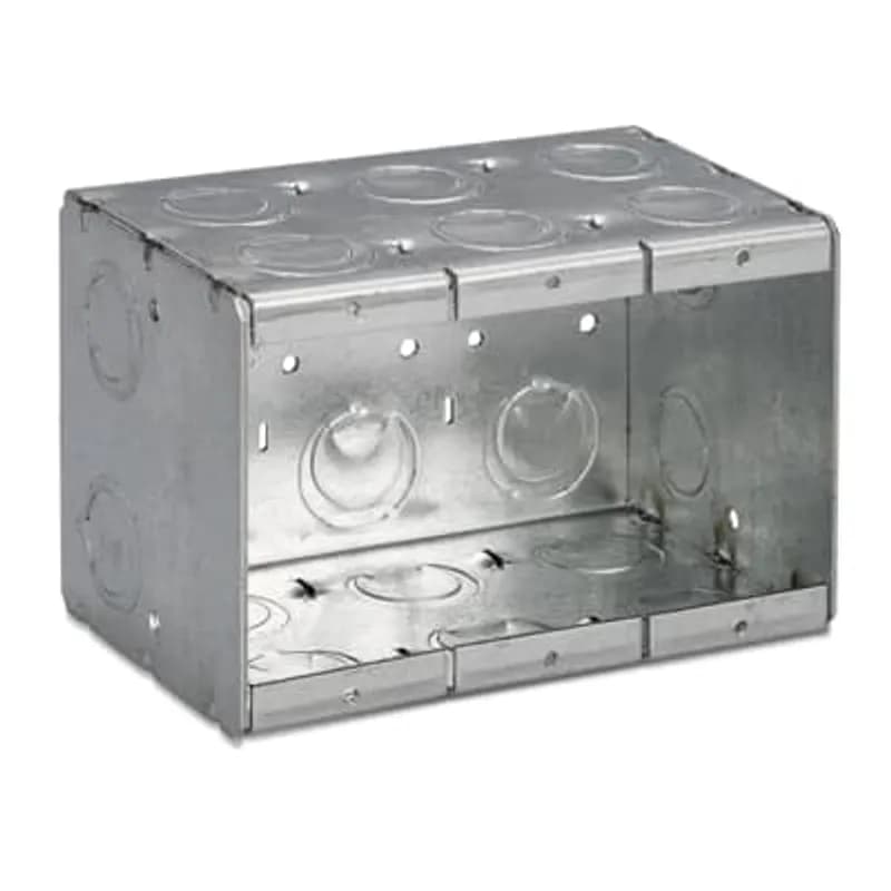 Three Gang Masonry Box, 71.0 Cubic Inches, 3-3/4 Inches Long x 5-1/2 Inches Wide x 3-1/2 Inches Deep, 1/2 Inch and 3/4 Inch Concentric Knockouts, Galvanized Steel, Welded Construction, with #12 AWG Solid Ground Wire Pigtail, For use with Conduit