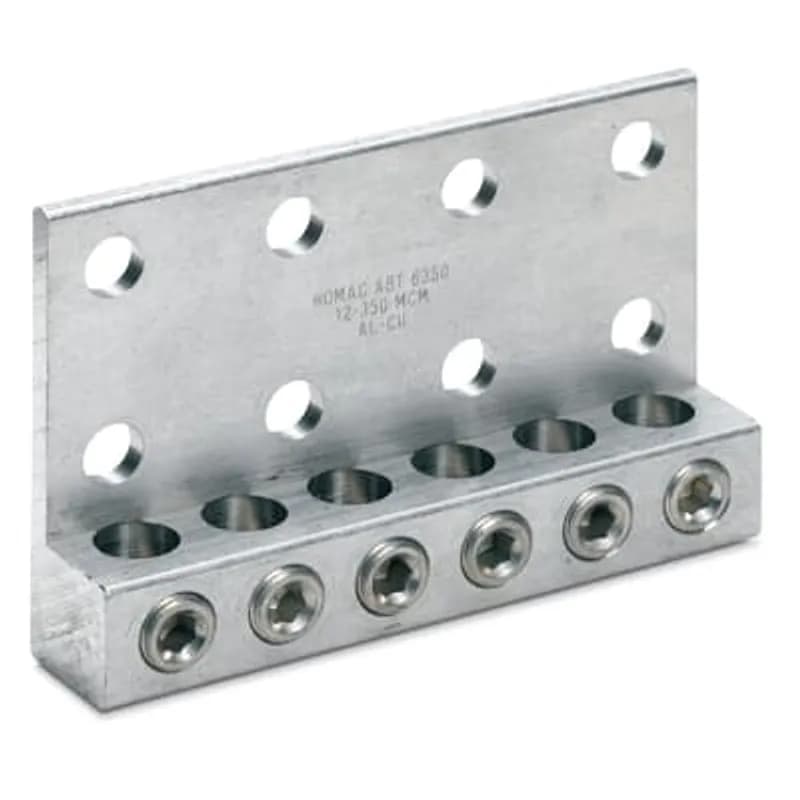 ABB - Installation Products ABT 4350 - Aluminum Transformer Spade Connectors - ABT Single Set Screws Series - Double-Row Mounting Holes, conductor range 12-350, length 4-5/8 in, mounting holes 6, outlets 4