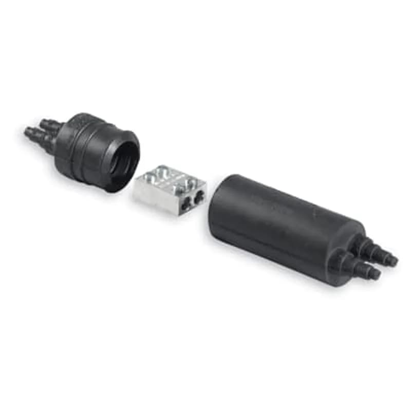 Flood Seal 4-Wire Tin Plated Aluminum Mechanical Connector With Rocket/cap, 2 Positions On Both Sides. Includes (4) Steel Hex Screw (Allen Screw). Connector 1 inch x 1/2 inch x 1-3/8 inch. Taps 5/16-24 UNF-2B.