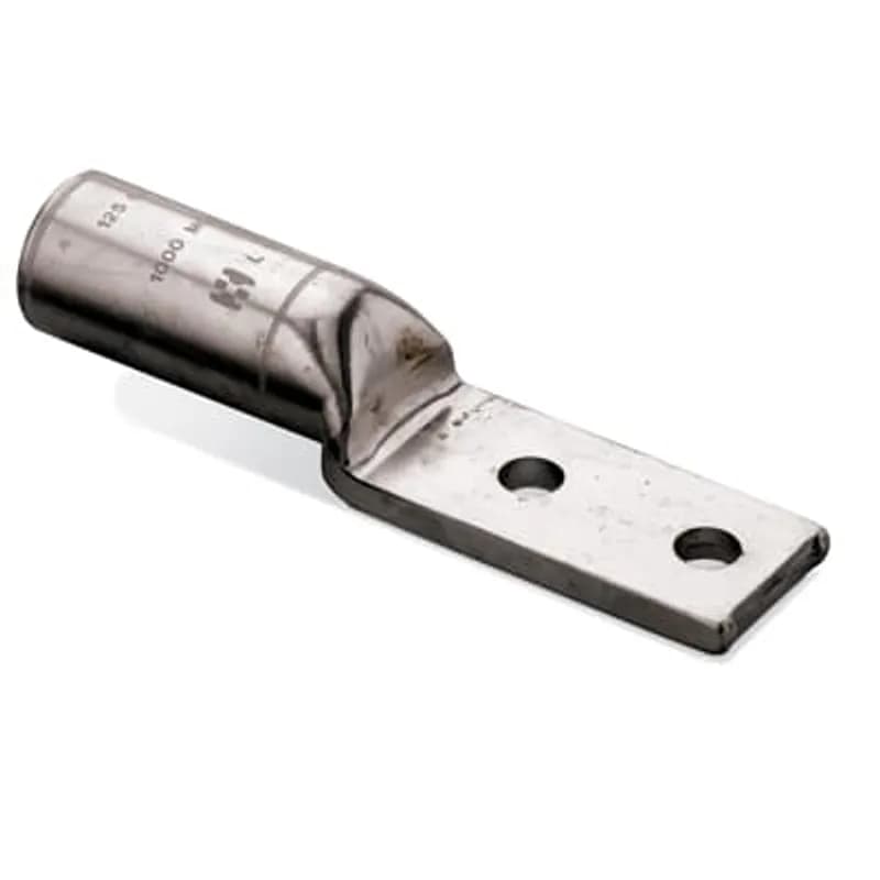 ABB - Installation Products L 600 NB - Tin Plated Copper Two-Hole Belled-End NEMA Lug. wire size 600 kcmil Stranded CU. Installing Dies 96, 22, 1, 1/8 2. Length 6-23/32 inch. Pad 1-3/4 inch wide x 3-1/8 inch long x 1/4 inch thick. (2) 9/16 inch holes on 1-3/4 inch center. Barrel 2-5/8 inch.