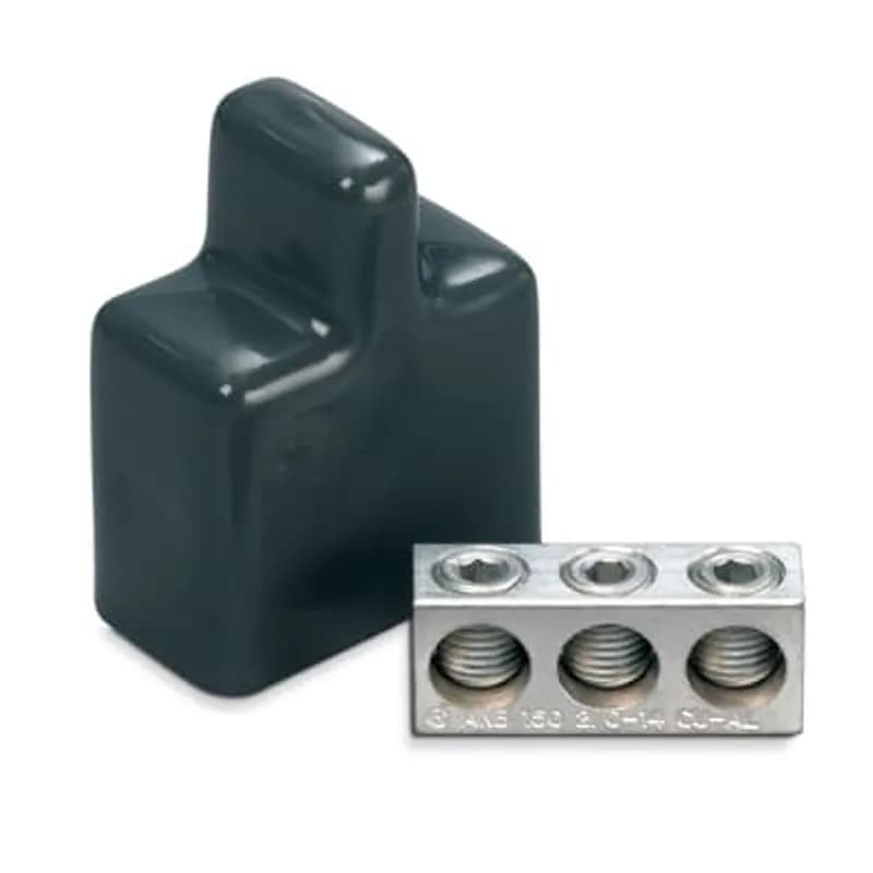 ABB - Installation Products BY 320 C - Aluminum Insulated Y-Type Mechanical Streetlight Connector - Three Conductor, Wire Range #14-2/0 CU-AL, 1-27/32 inch x 3/4 inch x 9/16 inch with (3) 7/16-20 UNF-2B Holes on one side that intersects with (3) 31/64 inch Diameter through holes, includes Gray PVC Boot with dimensions 1-29/32 inch x 2-5/8 inch x 1-1/32 inch and Lubricant.
