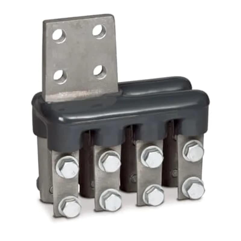 ABB - Installation Products FTN 175-33 NTT - Flood Seal Aluminum Transformer Spade Connector, Aluminum-Copper, Six Outlets, Double Row, 6-3/4 inch wide x 10.375 inch tall. Black PVC Coating. Includes 12 Screws for Towers. 4-Hole Pad is to one side of Connectors. 4.5 inch long x 4 inch wide x .75 inch thick. 1.75 Hole Spacing. Tin Plated.