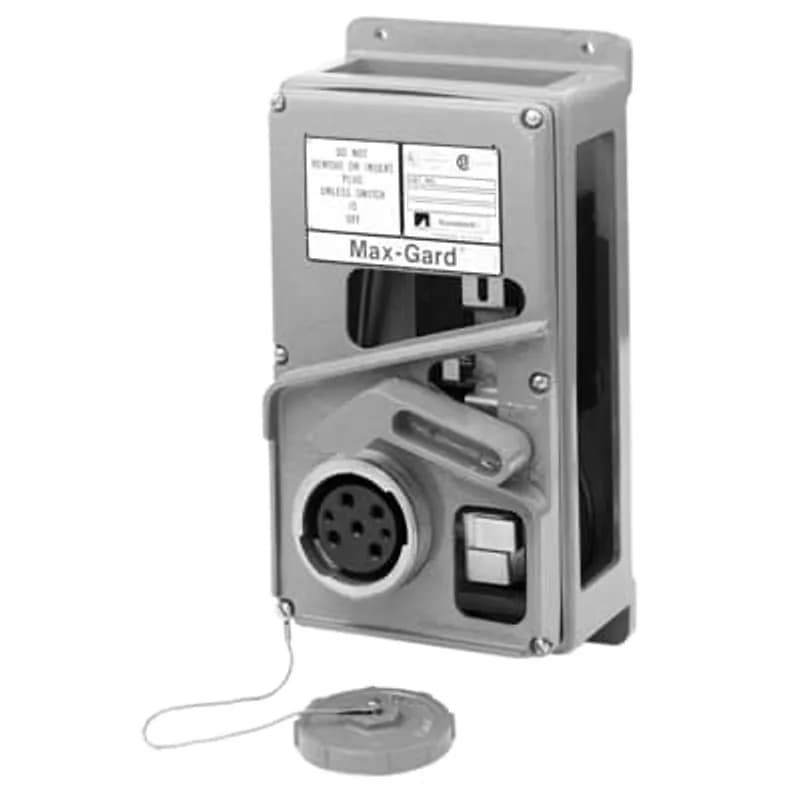 Flap Cap Interlocking Circuit Breaker Receptacle, Amperage 100A, Voltage 3 Phase 480V, 3 Poles 4 Wire, Breaker Trip Rating 70A