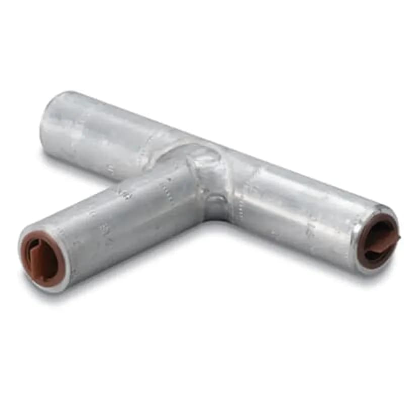ABB - Installation Products AT 1/0-1/0 - Aluminum Tees, Main 1/0 Stranded AL-CU, Tap 1/0 Stranded AL-CU. Main Length 2-1/2 inch x 41/64 inch outside Diameter, Total Tap Length 5-1/2 inch x 41/64 inch outside Diameter. Dies TU, 52, BG, 243, 5/8, 8A. No Dimple. Oxide Inhibitor. Yellow Caps.