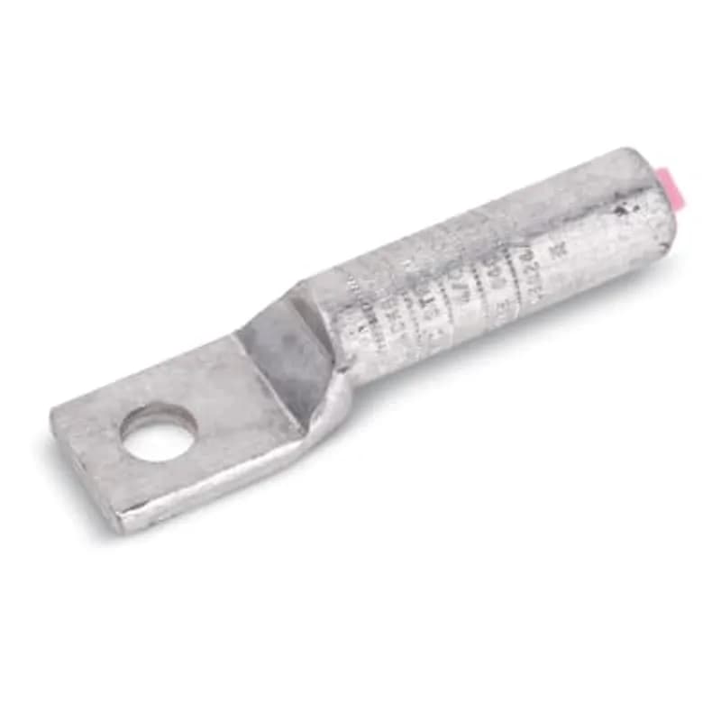 ABB - Installation Products AL 1-38 TN - Tin-Plated Aluminum Compression Lug for Aluminum and Copper Terminations, One-Hole .406 inch Diameter NEMA Pad, #1 Stranded AL9CU, 3/8 inch Bolt hole size. Dies TQ, 45, 348, 163, 1/2, 6A. Length 2-5/8 inch. Pad 3/4 inch wide x 1 inch long x 5/32 inch thick. Barrel 59/64 inch long x 17/32 inch Outside Diameter. Oxide Inhibitor, Gold Cap. UL Listed.