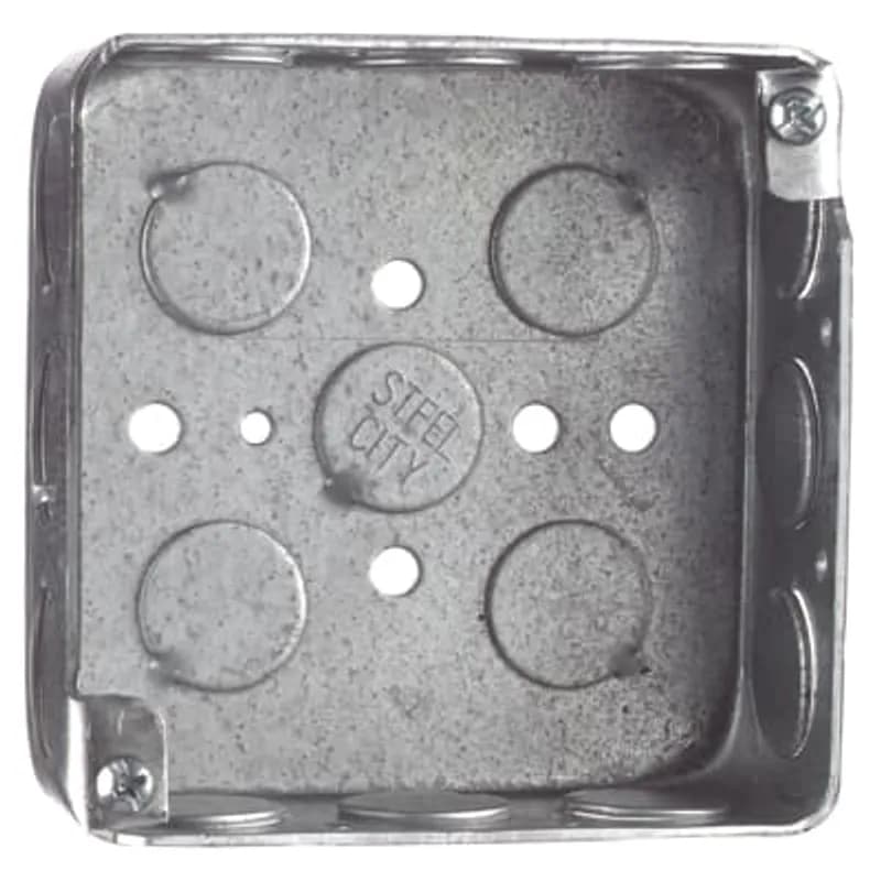 Square Box, 21 Cubic Inches, 4 Inch Square x 1-1/2 Inch Deep, 1/2 Inch Knockouts, Pre-Galvanized Steel, For use with Conduit, pack of 50, for Retail.