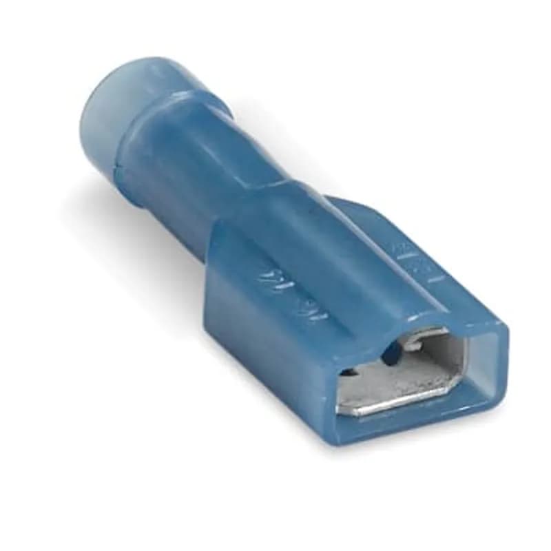 ABB - Installation Products RB2573ML - Vinyl Fully Insulated Female Disconnect, Length 1.01 Inches, Width .38 Inches, Maximum Insulation .185, Tab Size .250x.032, Wire Range #16-#14 AWG, Color Blue, Brass, Tin Plated, On Left Feed Reel Mylar Tape, 1,000 Pack